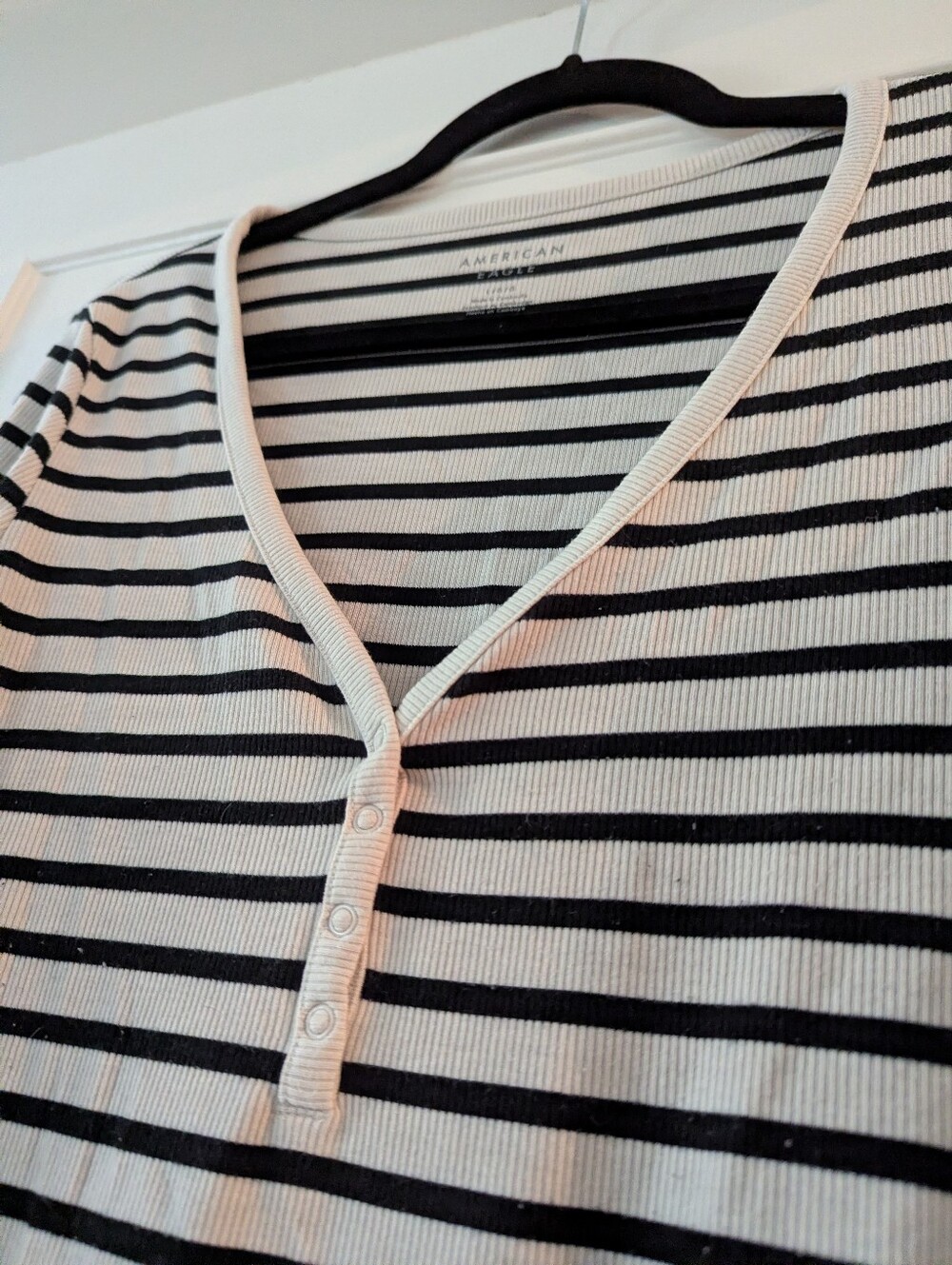 American Eagle Black & White Striped Henley Top Women's L